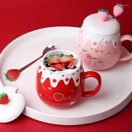 Tazze Tazza in ceramica di grande capacità da 500 ml Simpatico caffè alla fragola con coperchio e cucchiaio Tazza da colazione in porcellana con latte e farina d'avena Bicchieri