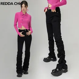 REDDACHiC Tall Girl Friendly Grunge Y2k Damen Jeans Solid Black Flared Stacked Pants Gyaru Acubi 2000er Retro Koreanische Streetwear 240122