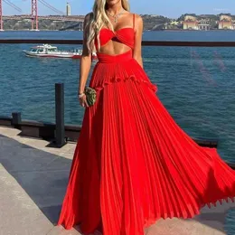 Casual Dresses Hollow Out Red Beach Long Dress Women 2024 Summer Fashion Sexy Strap Loose Backless Sundress Female Maxi Drop 1005