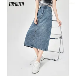 Saias toyouth mulheres denim saia 2024 verão em forma de cintura alta cintura fina processo de lavagem split hem casual chique moda meados de comprimento