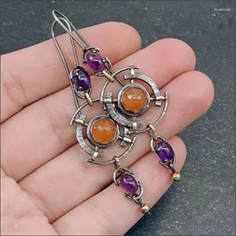 Orecchini pendenti vintage in pietra arancione viola gioielli etnici vuoti tondi color argento per donne e ragazze