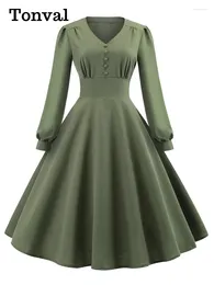 Vestidos casuais tonval v-pescoço botão frente cintura alta longa bispo manga mulheres elegante outono roupas verde sólido vintage senhoras swing