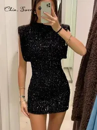 Abiti casual Abito da festa sexy con paillettes glitterate per donna Manica con volant O-collo Nero Mini cerniera femminile Slim lucido Look da sera da donna