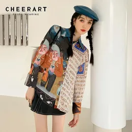 Women's Blouses CHEERART Designer Patchwork Long Sleeve Shirt Women Top And Blouse Chiffon Button Up Collar Letter Print Fashion