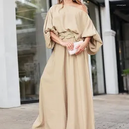 Women's Two Piece Pants 2024 Spring Clothing Solid Color Cold-Shoulder Lantern Long Sleeve Loose Top Suit Wide Leg Trousers Do Not Need Belt