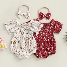 Macacão pudcoco infantil nascido bebê meninas macacão floral impressão puff manga macacões verão casual bodysuits com arco bandana