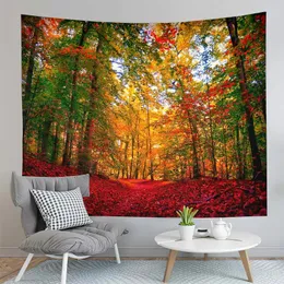 Tapissries Autumn Forest Tapestry Red Fallen Leaves Natural Scenery Home Living Room Bedroom Dorm Decor Bakgrund Tyg