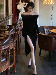 Sıradan elbiseler Sonbahar Zarif Uzun Soygun Kadife Vintage Siyah Tüy Elbise Seksi Boydcon Balo Akşam Partisi Moda İnce Giysiler