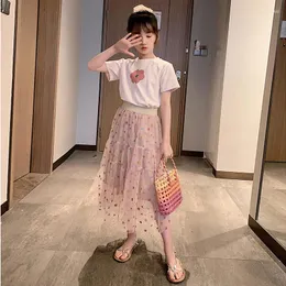 의류 세트 어린이 여자 여자 의상 꽃 티셔츠 단색 최고 한국 치마 정장 여름 옷 6 8 8 10 12 년