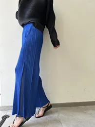 Calças femininas Miyake plissado malha emendada casual mulheres 2024 verão coreano moda designer elástico cintura cortada em linha reta perna larga