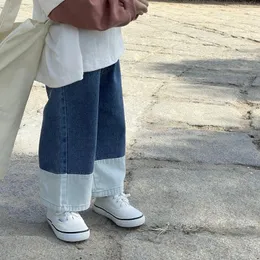 Pantaloni Abbigliamento per bambini coreani Primavera Ragazzi e ragazze Jeans casual con cuciture dritte larghe a contrasto