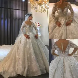 Gorgeous Ball Gown Wedding Dresses Sheer Neck Long Sleeves Bridal Gowns 3D Floral Sequins Beads Sweep Train Princess Marriage Gowns Custom Made