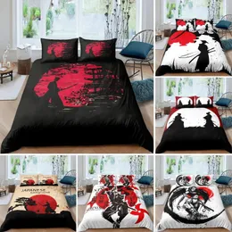 Conjuntos de cama Japonês Samurai Set Japão Sunset Paisagem Edifício Silhueta Capa de Edredão para Homens Adolescentes Preto Vermelho