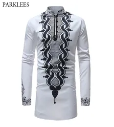 MEN039S Afrika baskılı beyaz dashiki gömlek yeni ince fit mandalin yakalı elbise gömlek erkekler uzun kollu Afrika giyim 8852233