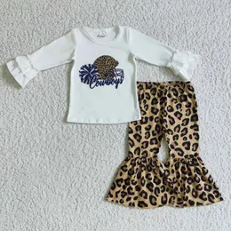 Комплекты одежды для маленьких девочек, детские футболки с рюшами, белые брюки-клеш с длинными рукавами и леопардовым принтом, оптовая продажа, осенний комплект