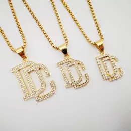 Iced Out Bling Bling Full Rhinestones Letters DC Pendant Necklace14K Gold Mens Hip Hop Rock DC Halsband