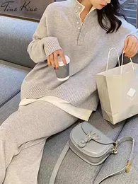 Women's Two Piece Pants Knit Pullover Tracksuit Sets Winter Vintage Knitted Stand-up Collar Sweaters Suit Female 2024 Casual Lady Set