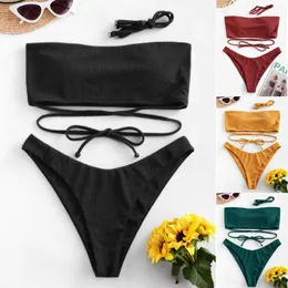 Kvinnors badkläder 2024 Sexig hög midja stropplös bröströrets topp bikini set baddräkt två stycken solida brasilianska strandkläder biquini