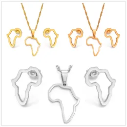 Necklace SMALL African Outline Map Necklaces Stud Earrings Sets 14k Yellow Gold Africa Map Jewelry Party Sets