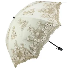 Umbrellas Double Sunscreen Umbrella UV Protection Lace Flower Embroidery Rain Women Mini Folding Dual-use Sun