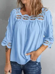 Kvinnors blusar Summer Loose Women and Tops Fashion Chic Square Collar 3/4 Sleeve Office Work Lady Shirt Overized Casual Chiffon Blue