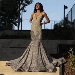 Elegancka, Sier Cequined Long Prom Dress for Black Girl