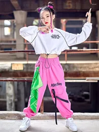 Stage Wear Modern Dance Clothes Girls Kpop Long Sleeves Outfit White Tops Pink Hip-Hop Pants Fashion Kids Costume Streetwear BL9085