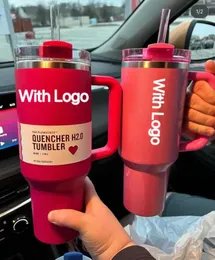 40oz quencher tumblers rosa kosmo parada co-märke flamingo rostfritt stål målröda valentiner dag presentkoppar med silikonhandtag lock och halmbilmuggar 0205