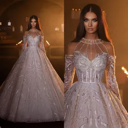 Elegant A Line Women Wedding Dress Jewel Neck Long Sleeves Bridal Gowns Sequins Appliques Sweep Train Dress Custom Made vestidos de novia