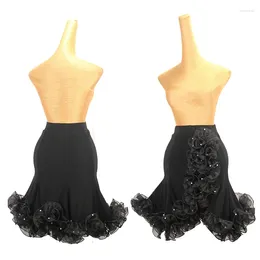 Сценическая одежда, юбка для латинских танцев с рюшами и цветком феи, женская сексуальная одежда с разрезом для выступлений, костюм для румбы и сальсы, черный DNV19325