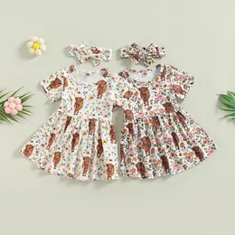 Abiti da ragazza FOCUSNORM 0-4Y Vestito estivo per bambina per bambini 2 pezzi Set fascia per capelli a trapezio con stampa floreale a maniche corte 2 pezzi