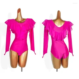 Scenkläder långärmad latin dankläder rosa bodysuit balsal vals prestanda kostym kvinnor chacha samba dancewear vdb7739