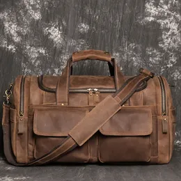 Retro Brown Men's Hand Luggage Bag Crazy Horse Leather Large Capacity Travel Business Weekend One Shoulder Messenger 240124