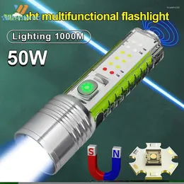 Flashlights Torches 50W Super Bright LED Flashlight Rechargeable With Side Light Strong Magnets Lighting 1000m Mini Multifunction Torch