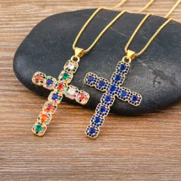 Classic Creative Design 6 Colors Cross 14k Yellow Gold Pendant Necklace Exquisite Shine Zircon Chain Choker Jewelry for Women Party Gift