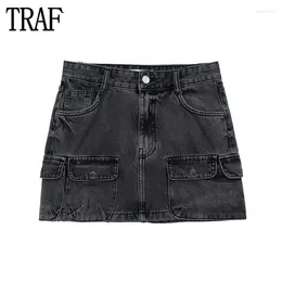 Skirts TRAF 2024 Denim Cargo Skirt Women Jeans Mini For Button Mid Waist Woman Autumn Basic Short Women's