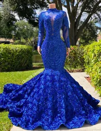 King Blue Sparkly Trumpet Evening Ceremony Dresses for Women Long Sleeve Muslim Crystal Rose Train Prom Gala Gown high neck