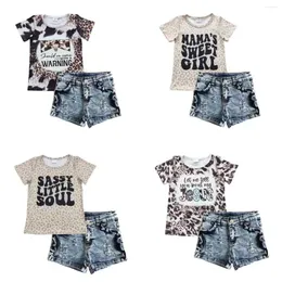 Kleidungssets Großhandel Kleinkind Baby Mädchen Leopard Outfit Sommer Kurzarm Shirt T-Shirt Denim Shorts Kinder Kind Boutique Western Set