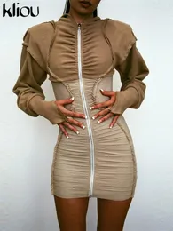 Sıradan elbiseler kliou kapüşonlu shirring mini elbise kadınlar uzun kollu zip-up vücut şekillendiren bornoz klasik temel trend sokak bodycon