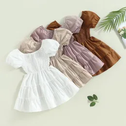 Flickaklänningar Focusnorm 1-5 år Lovely Short Sleeve Off Shoulder Ruffled Solid Princess A-fodrad hög midjeklänning