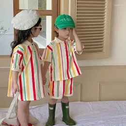 Kläder sätter milans sommar barn set stripe flickor klänningar pojkar tee och shorts bror systers kläder