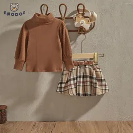 Conjuntos de roupas Ewodos 1-6 anos Criança Little Kids Girls Fall Outfits Saia Moda Manga Longa Mock Neck Ribbed Knit Tops Saias Xadrez