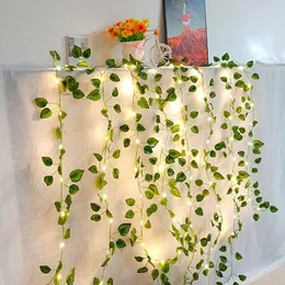 Flores decorativas 2 metros falso folha verde hera videira com luzes led corda para casa decoração do quarto casamento brilhante planta artificial guirlanda