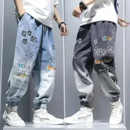 Graffiti Printing Jeans Men's Gradient Hip Hop Trousers Harem Cartoon Loose Casual Ankle Banded Pants Cargo Denim Jeans for Men 240124