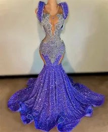 Sexy Purple Sequins Mermaid Prom Dress For Black Girl Beaded Sheer Neck Evening Party Gowns Sweep Train Robes De Soiree 322