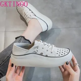 GKTINOO Loafers Ladies Genuine Leather Large Size Summer Hollow Laceup White Shoes Women Fashion Casual Soft Sole Flat 240124