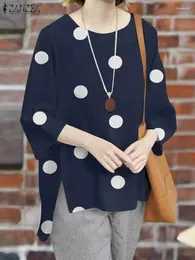 Damenblusen ZANZEA Herbst Frauen Bluse Kausal 3/4 Ärmel O-Ausschnitt Blusas Mode Polka Dots Bedruckte Shirts Urlaub Tops Chic Split