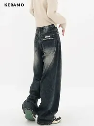 Harajuku streetwear retro mode höstkvinnor hög midja jeans lösa breda ben rak löst denim byxor y2k baggy byxor 240125