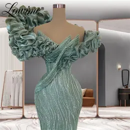 Party Dresses Lowime Ruffles Off the Shoulder Evening Mermaid Sequin Pärlor Lång klänning Arabisk älskling Prom Dress Plus Size Robe