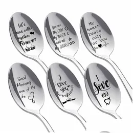 Spoons Personalized Stainless Steel Spoon Wedding Anniversary Long Handle Coffee Valentines Day Gift Drop Delivery Home Garden Kitch Dhhm1